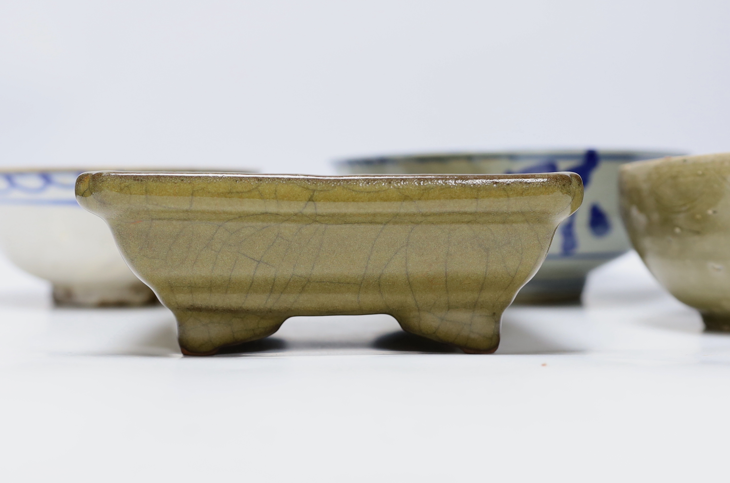 Three Chinese bowls including two blue and white examples, together with a ge ware type square dish, largest 20cm in diameter